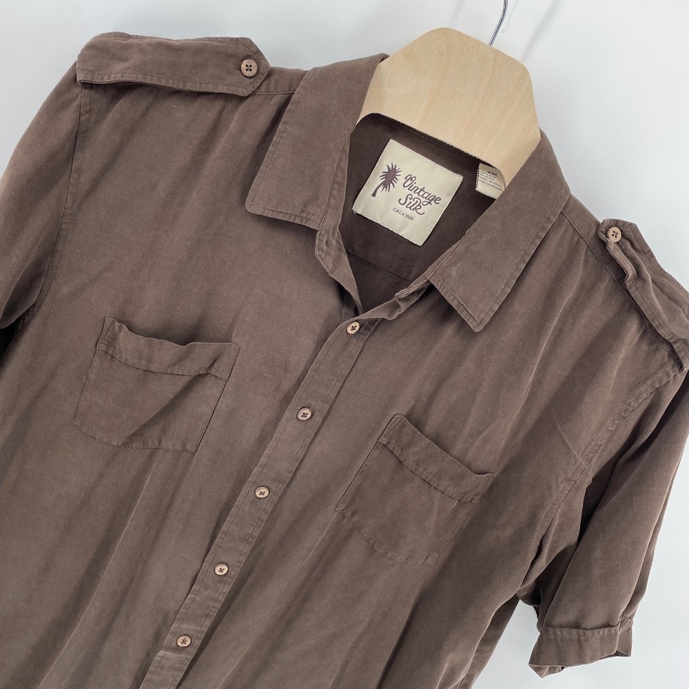 Vintage Silk Circa 1969 Mens XXL Brown 100% Silk Safari Military Camp Shirt